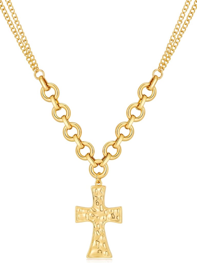 Chunky Cross Necklace For Women Gold Plated Big Cross Pendant Hammered Thick Cha